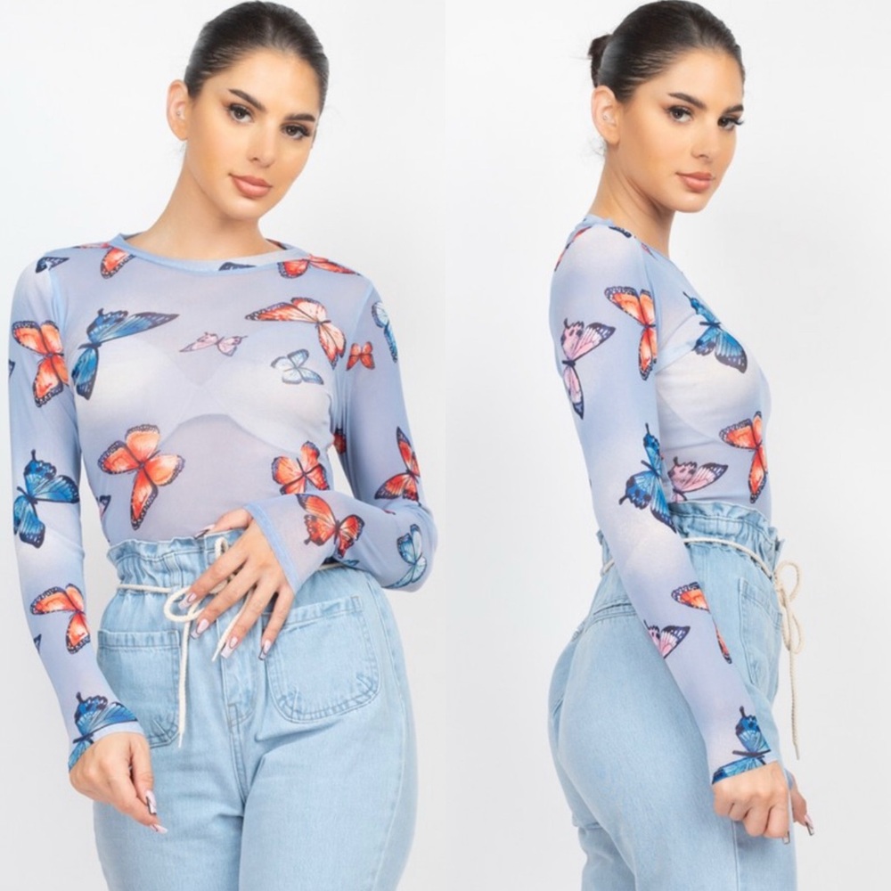 Butterfly Print Mesh Sheer Top
